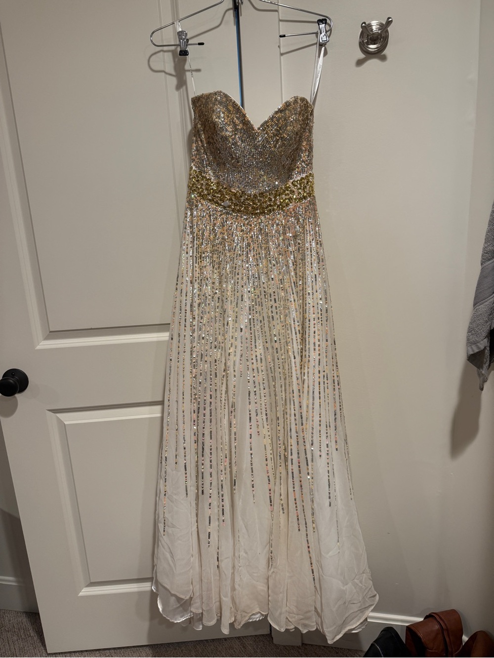 Sherri Hill Strapless Ivory Gown with Gold Sequin Bodice